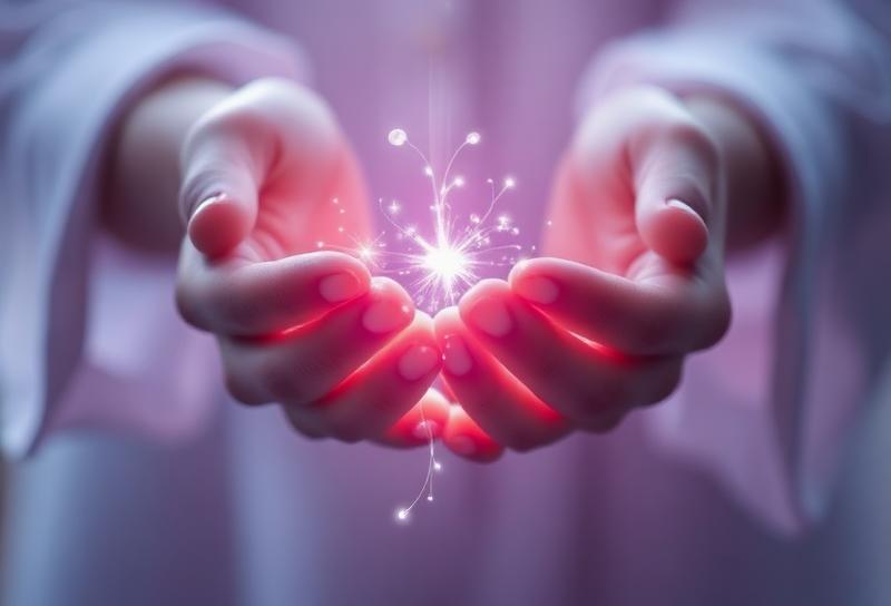 Hands holding a silver thread of light